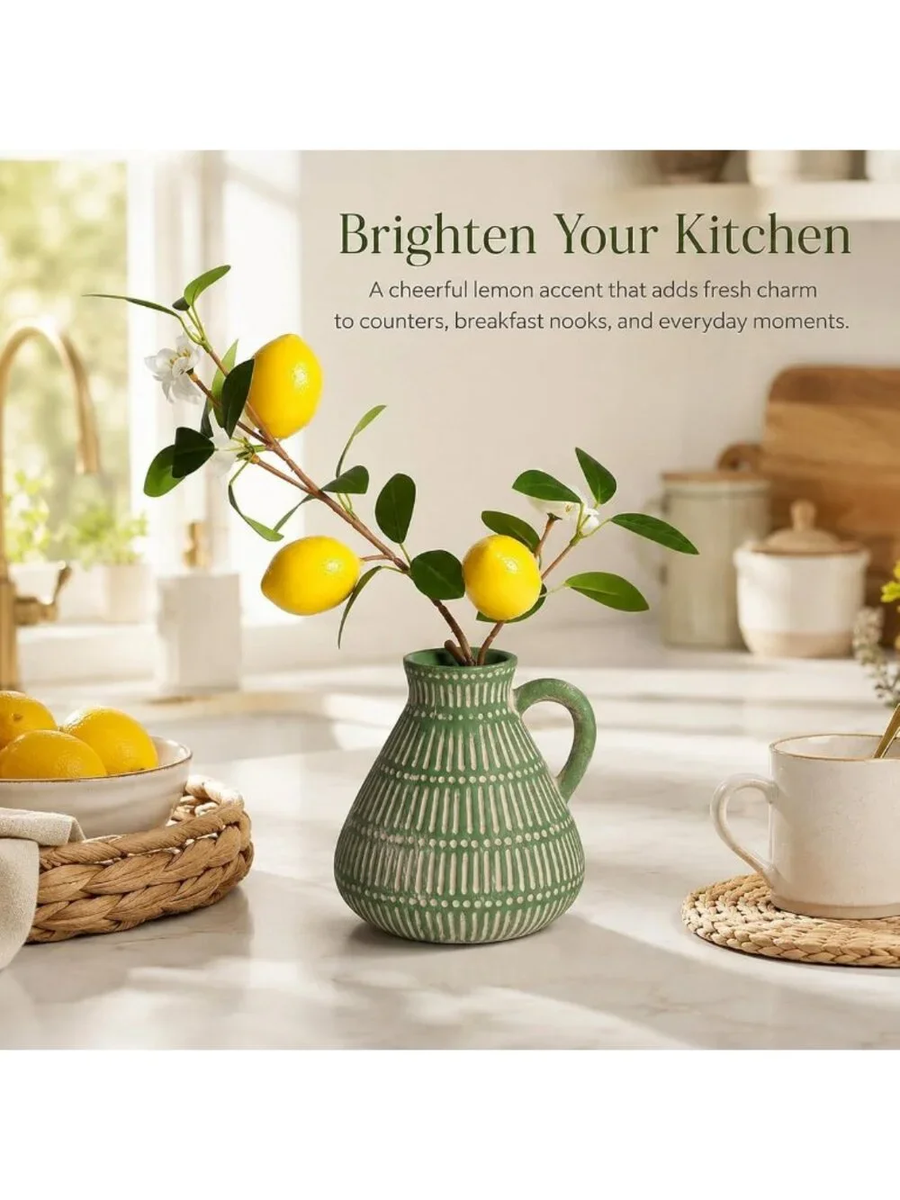 Small Green Clay Vase with Faux Lemon Branch - Charming Lemon Decor Accent